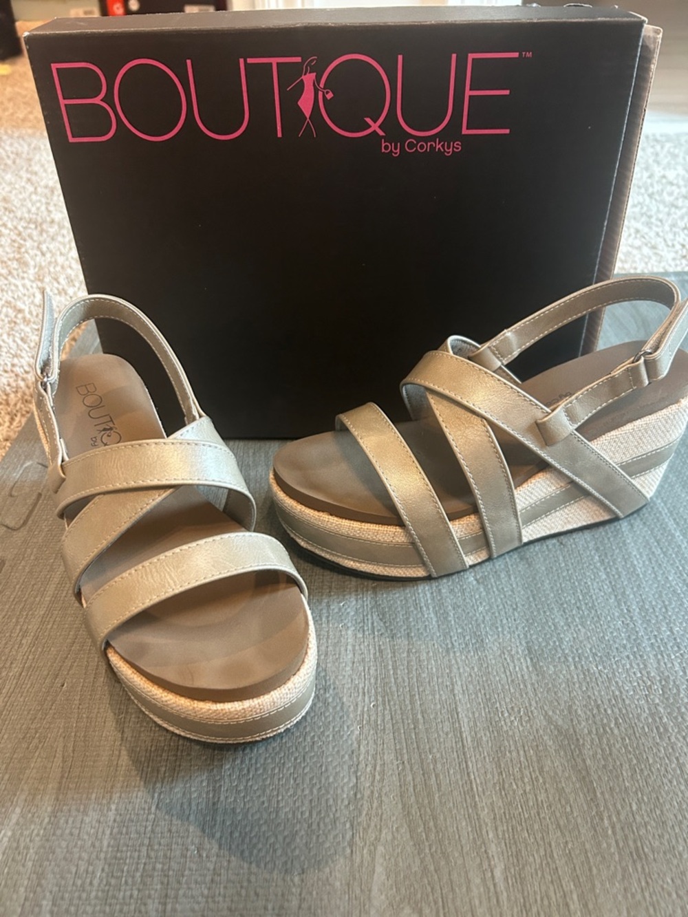 Corkys Silver Metallic Strappy Wedge Sandals